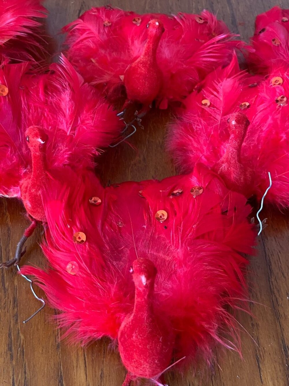 Vintage Red Feather Peacock Christmas Ornaments – Set of 6